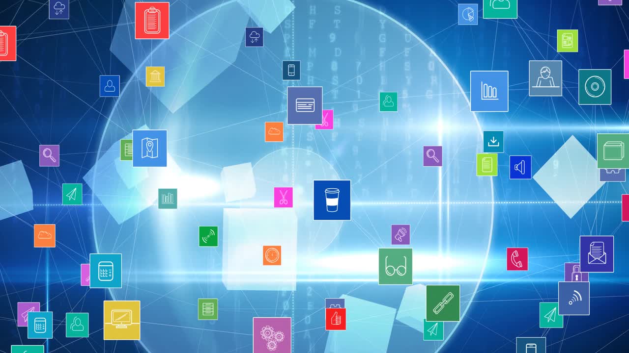 전 세계를 배경으로 디지털 아이콘으로 연결하는 네트워크의 애니메이션