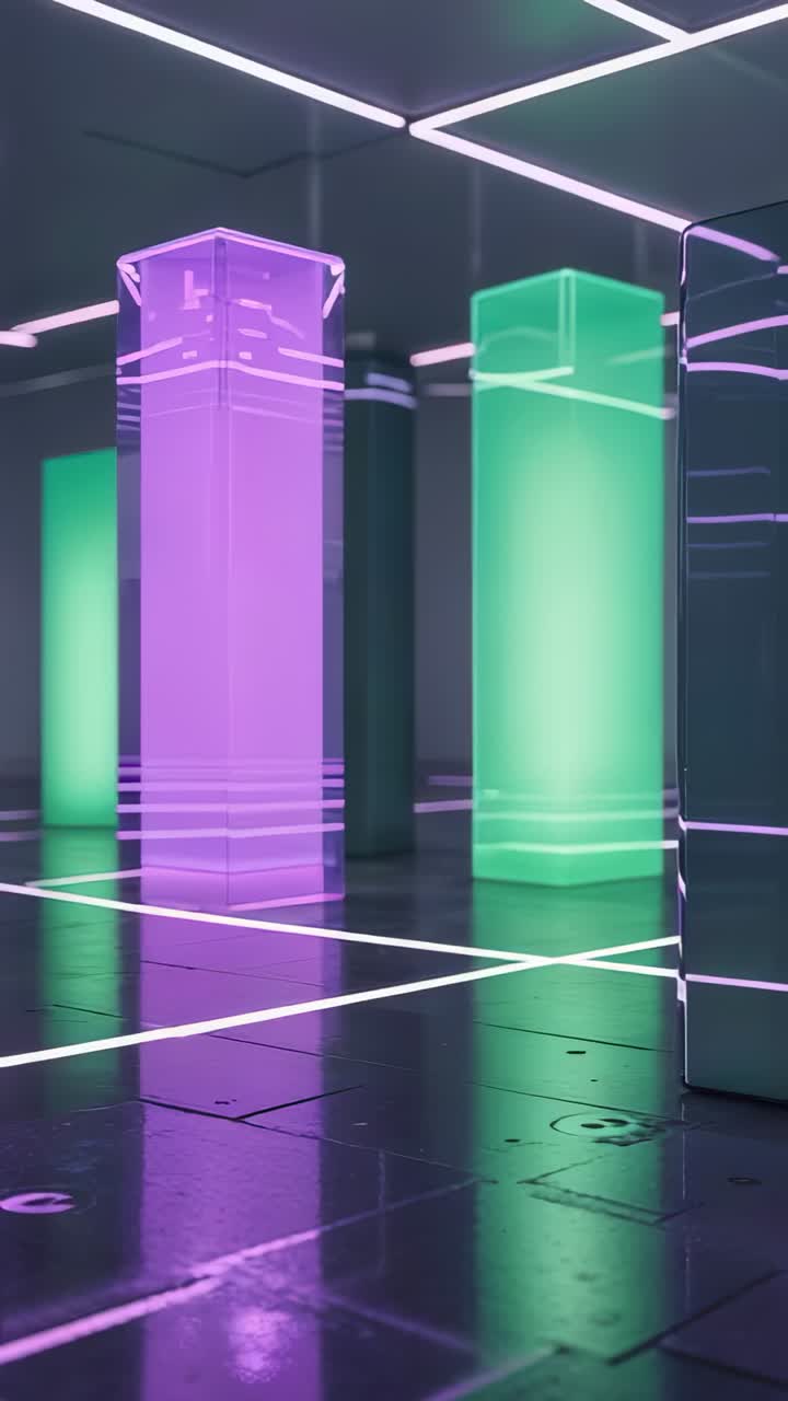 Vertical video: Panning camera past three pillars in futuristic hall at start, showing neon grid