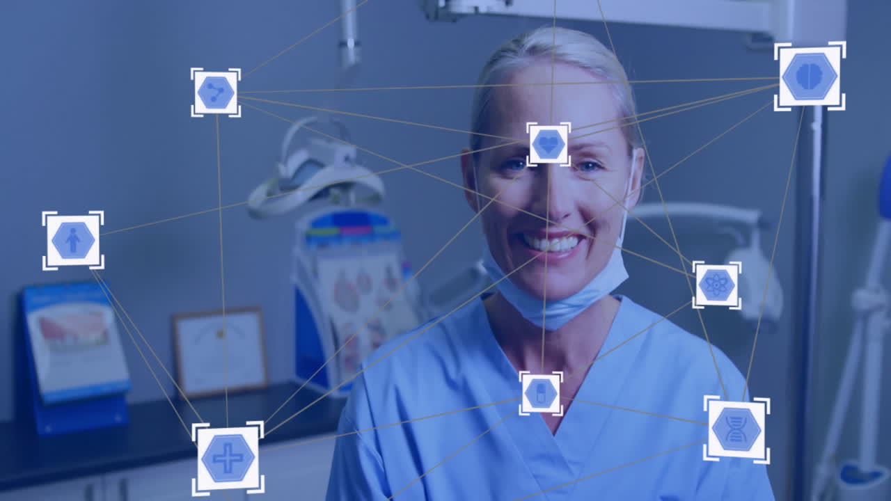 Medical data network animation over smiling healthcare professional in clinic