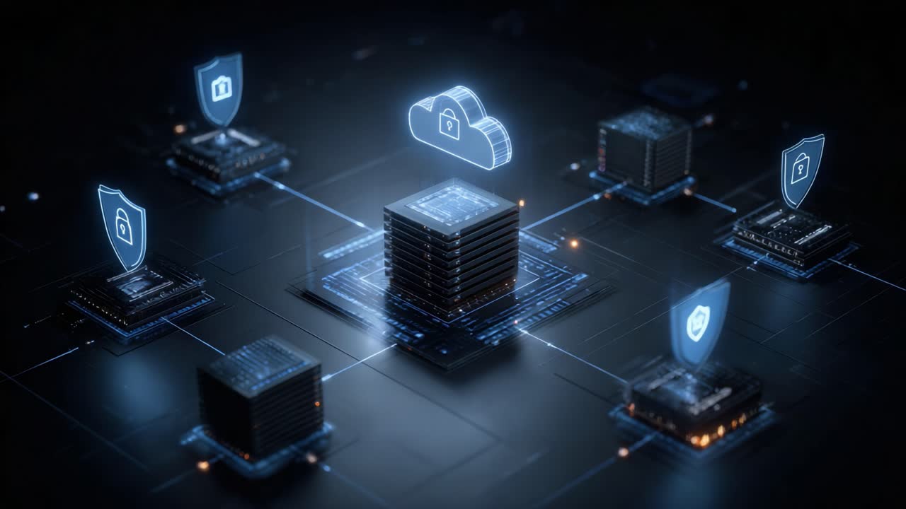Exploring Advanced Data Security: A Visual Representation of Cloud Storage with Encrypted Connections and Digital Shield Protections for Safeguarding Information