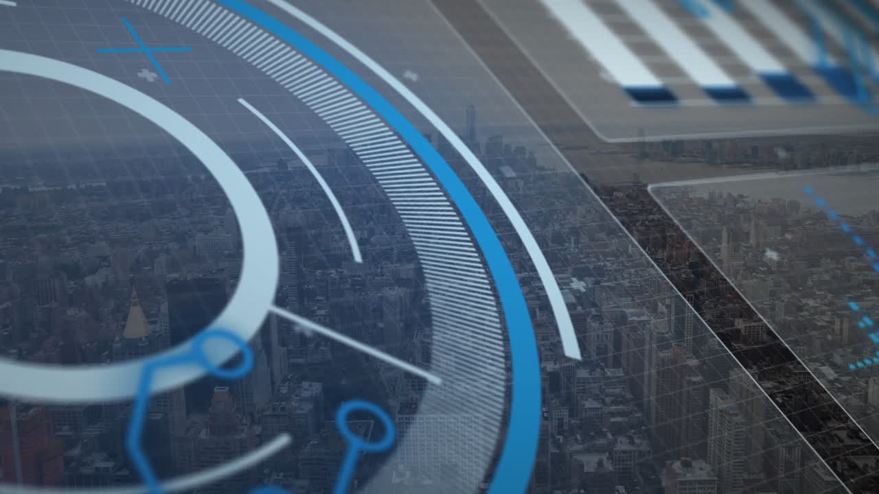 Animation d’interface avec traitement de données sur fond de vue aérienne de paysage urbain