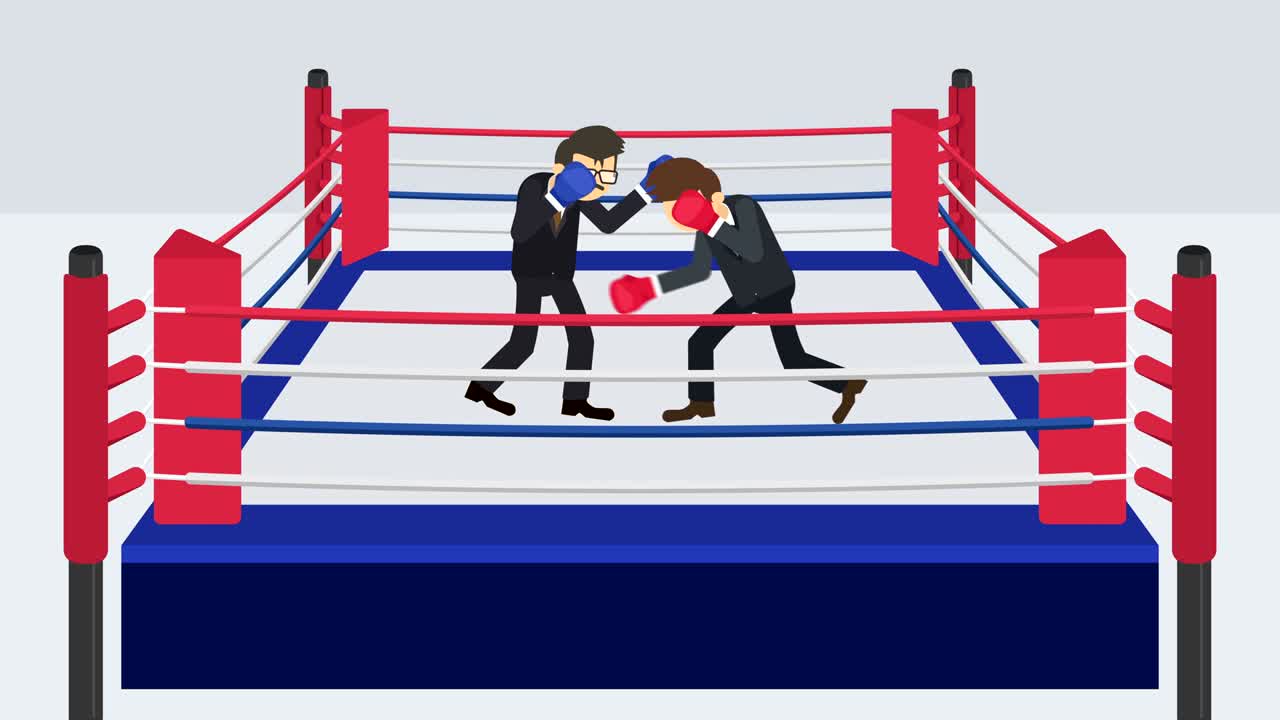 la batalla del hombre de negocios en guantes de boxeo. concepto de competencia de negocios. ilustración de bucle en estilo plano.