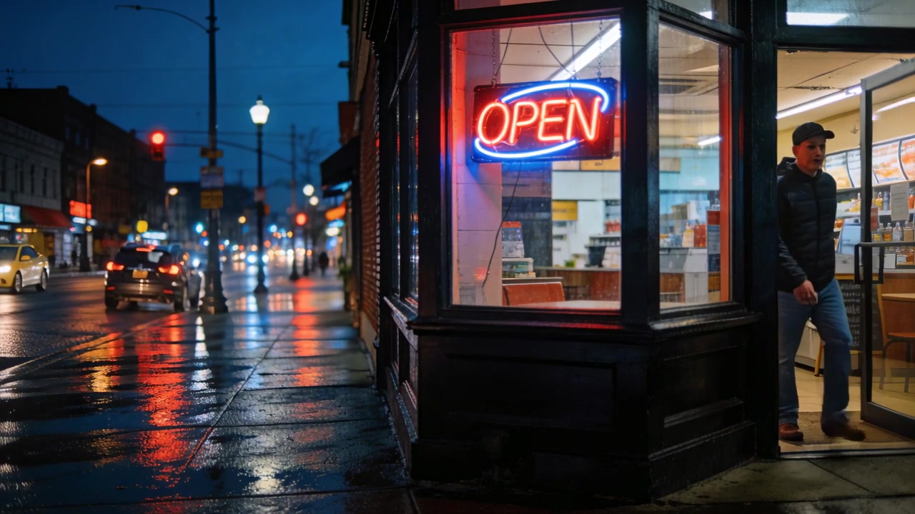 Uomo in giacca che esce da un negozio dopo l'apertura della porta di notte, insegna al neon "OPEN", spazio per il testo