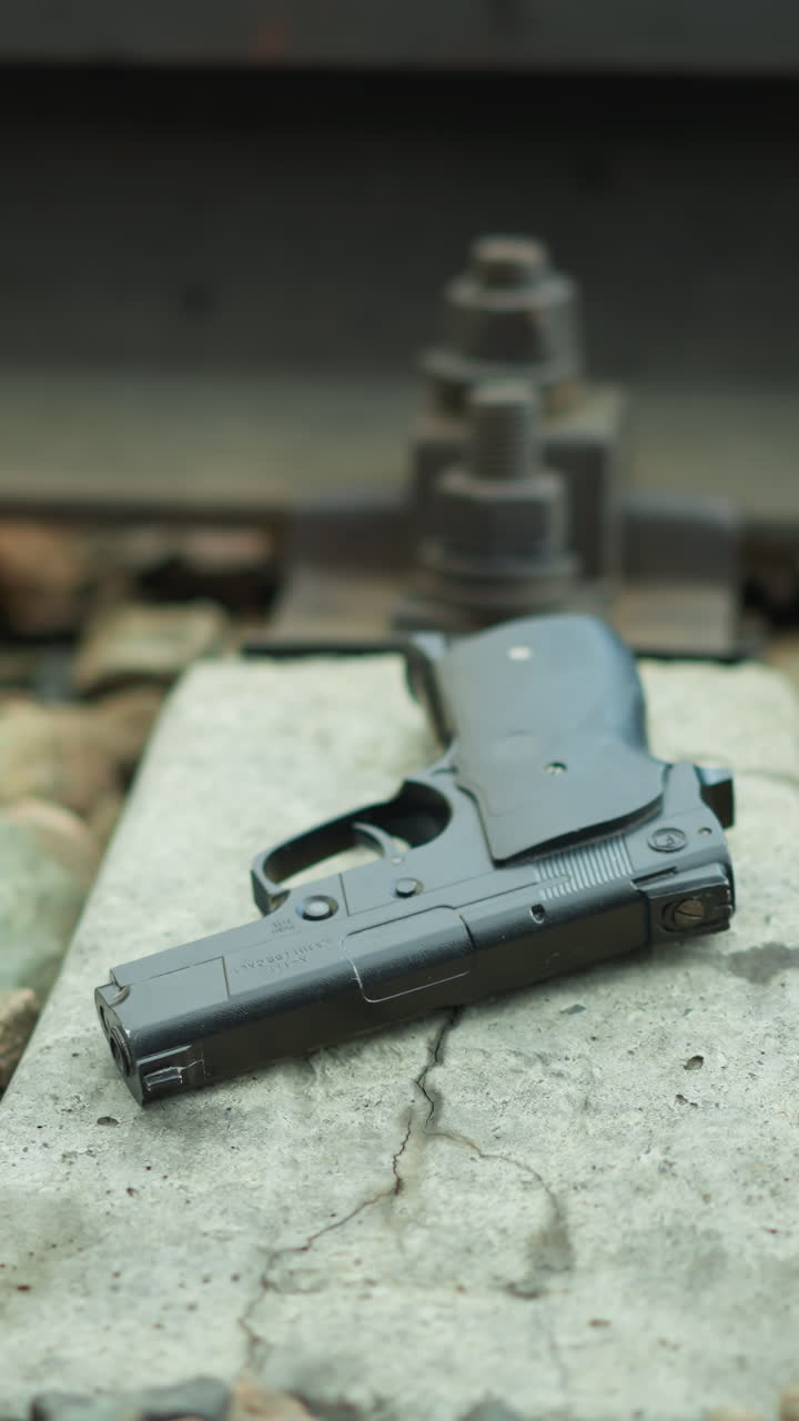 una vista cercana de una pistola colocada en la base de hormigón de una vía ferroviaria rodeada de rocas