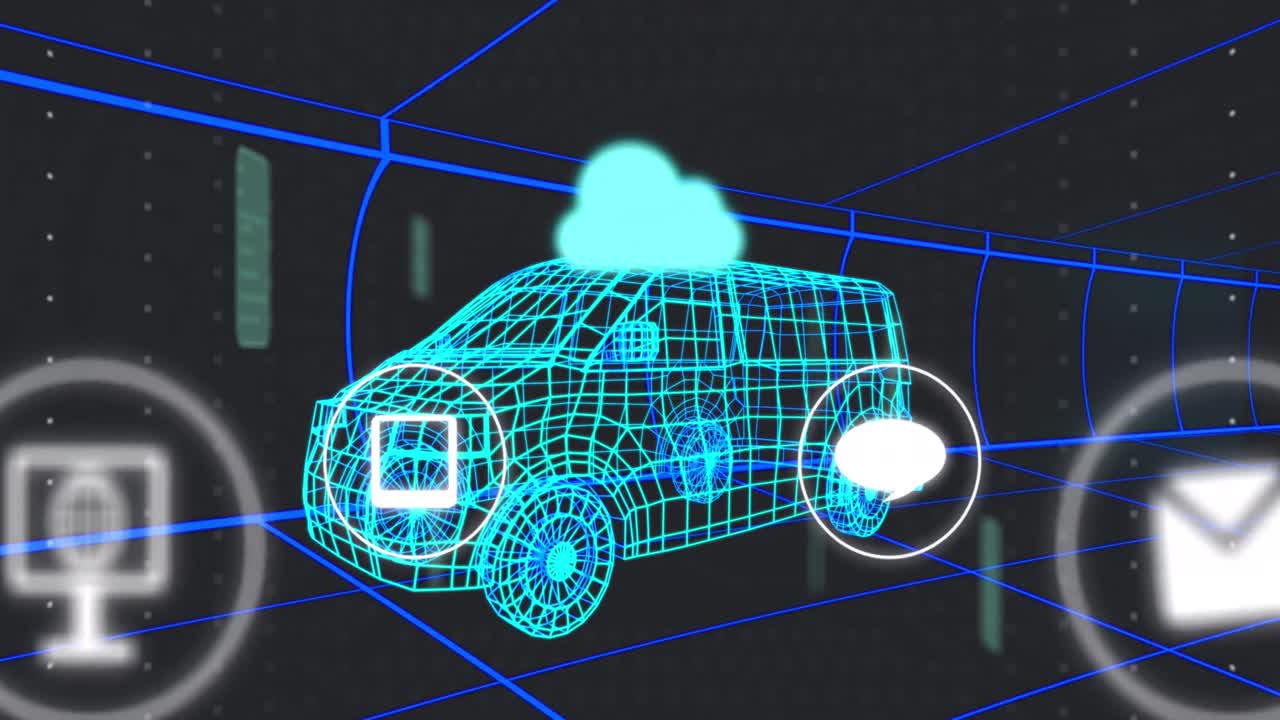 터널에서 원활한 패턴으로 움직이는 3d 밴 모델 위의 여러 디지털 아이콘의 애니메이션