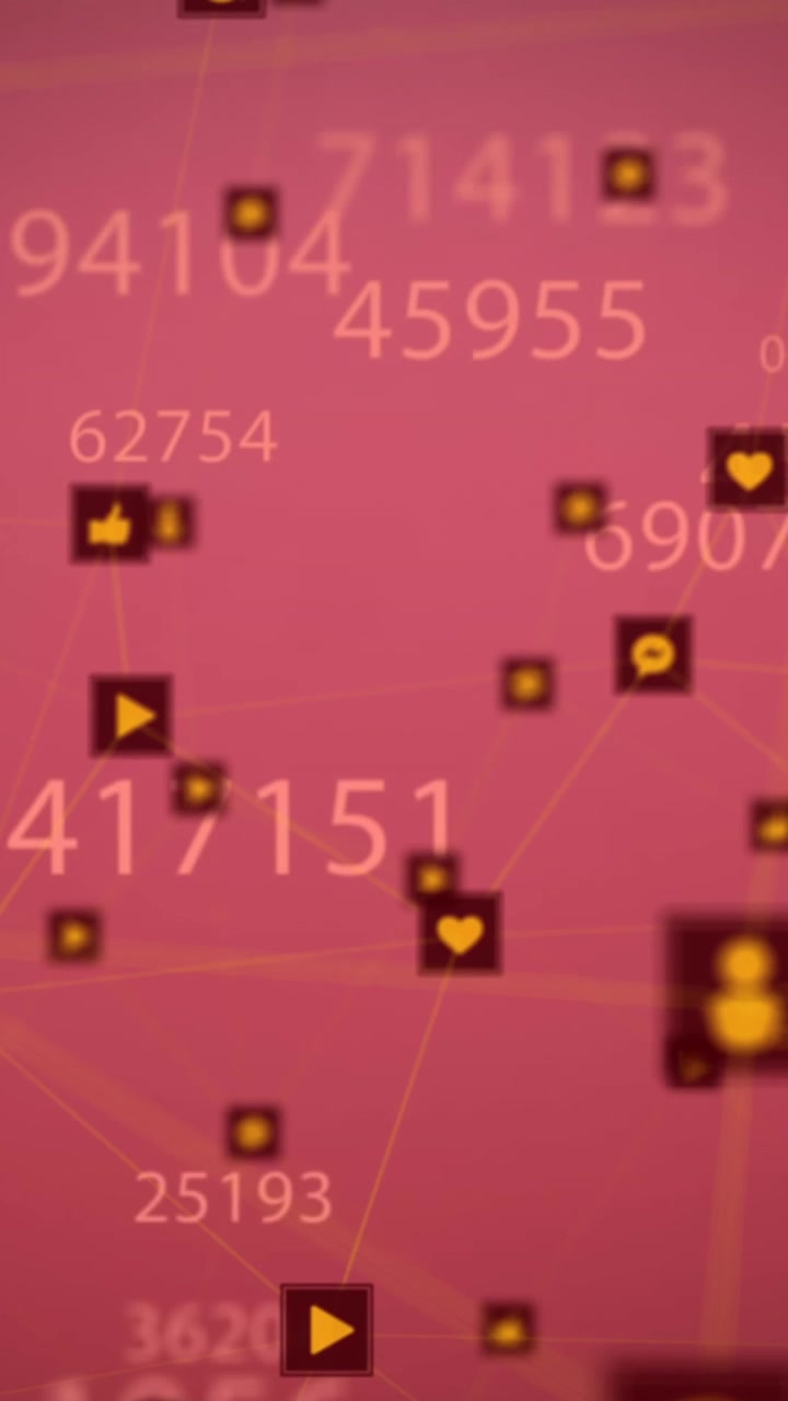 Animazione di numeri che cambiano e rete di icone digitali su sfondo rosa.