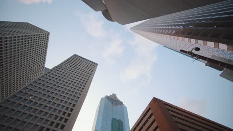 Low-angle-view-of-skyscrapers-in-downtown-Houston,-Texas