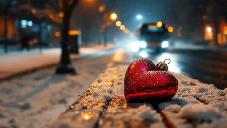 red heart ornament on a snowy bench at night