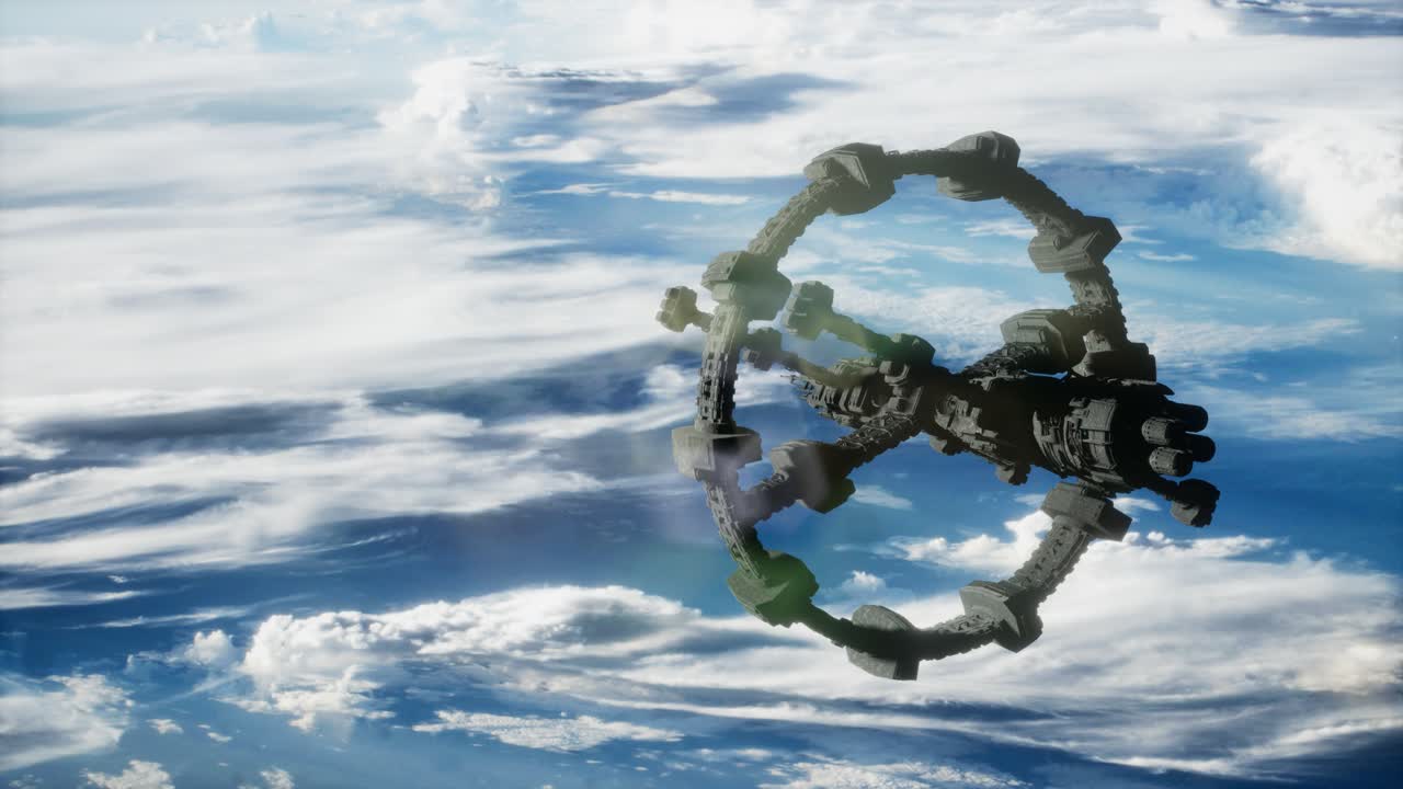 지구와 우주선의 모습. iss는 지구를 공전하고 있습니다.