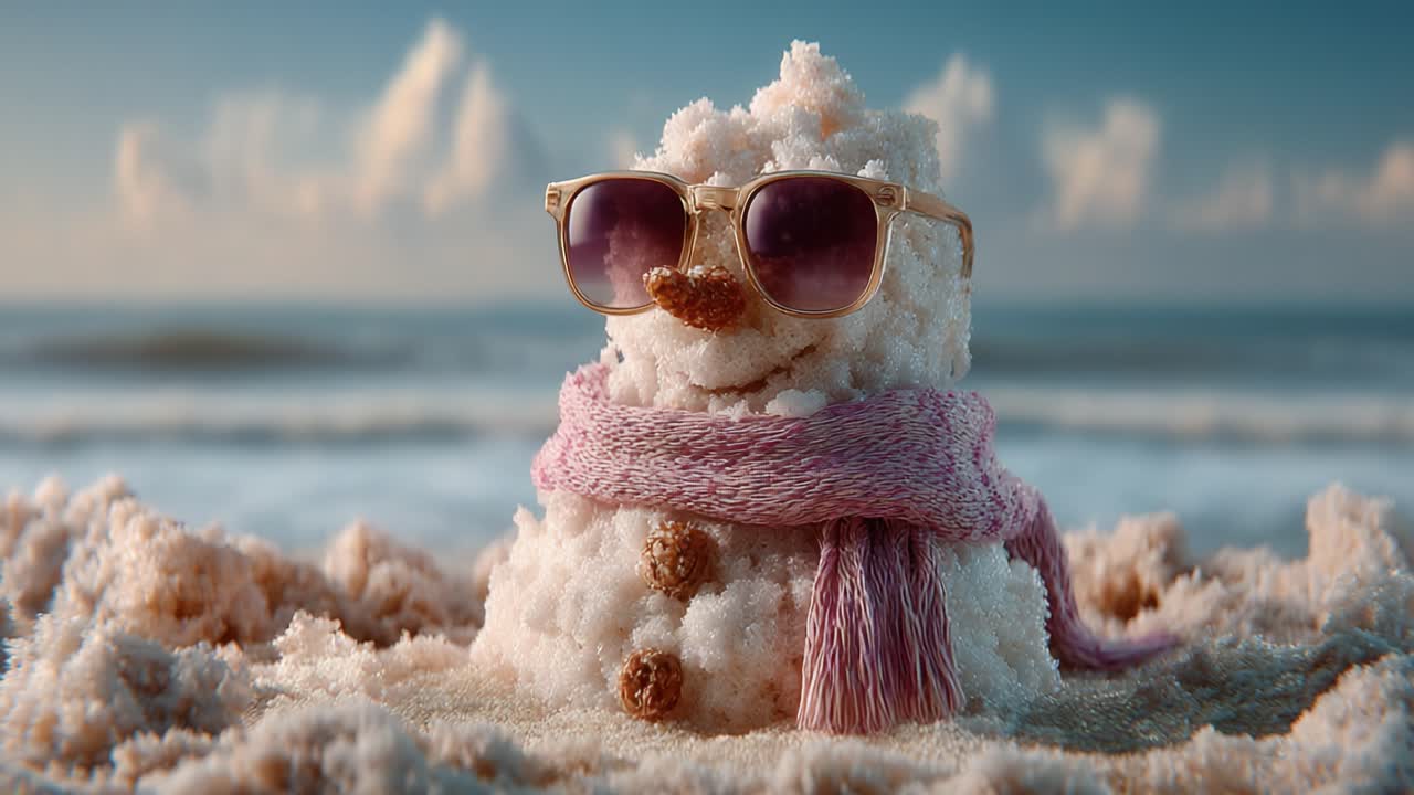 A whimsical salt snowman wearing sunglasses and a scarf, enjoying a sunny beach day with gentle waves in the background, capturing the essence of playful winter joy