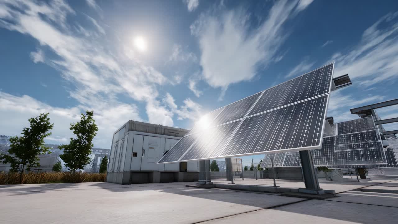 Innovative Solar Energy Installation Showcasing Cutting-Edge Photovoltaic Panels Under a Bright Sky, Illustrating the Importance of Renewable Resources for Sustainable Energy and Environmental Preservation