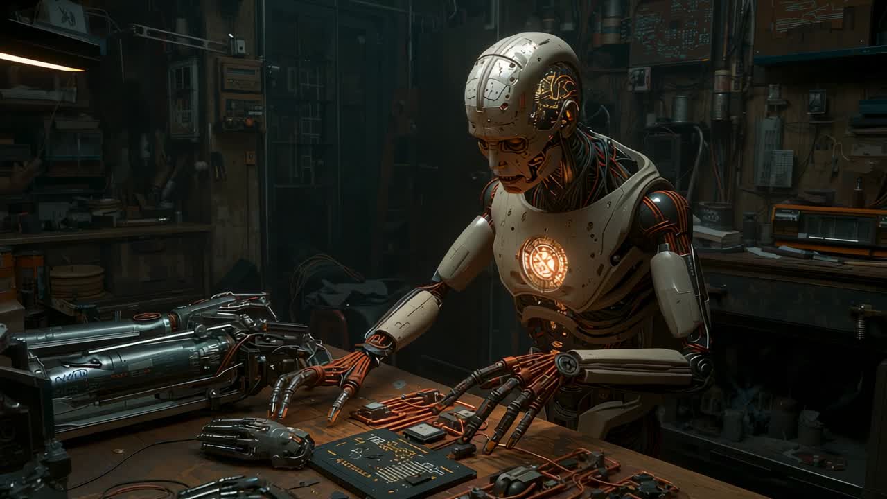 Responding to chest core pulsing, robot aligning microchip inserting wiring testing joint at shop