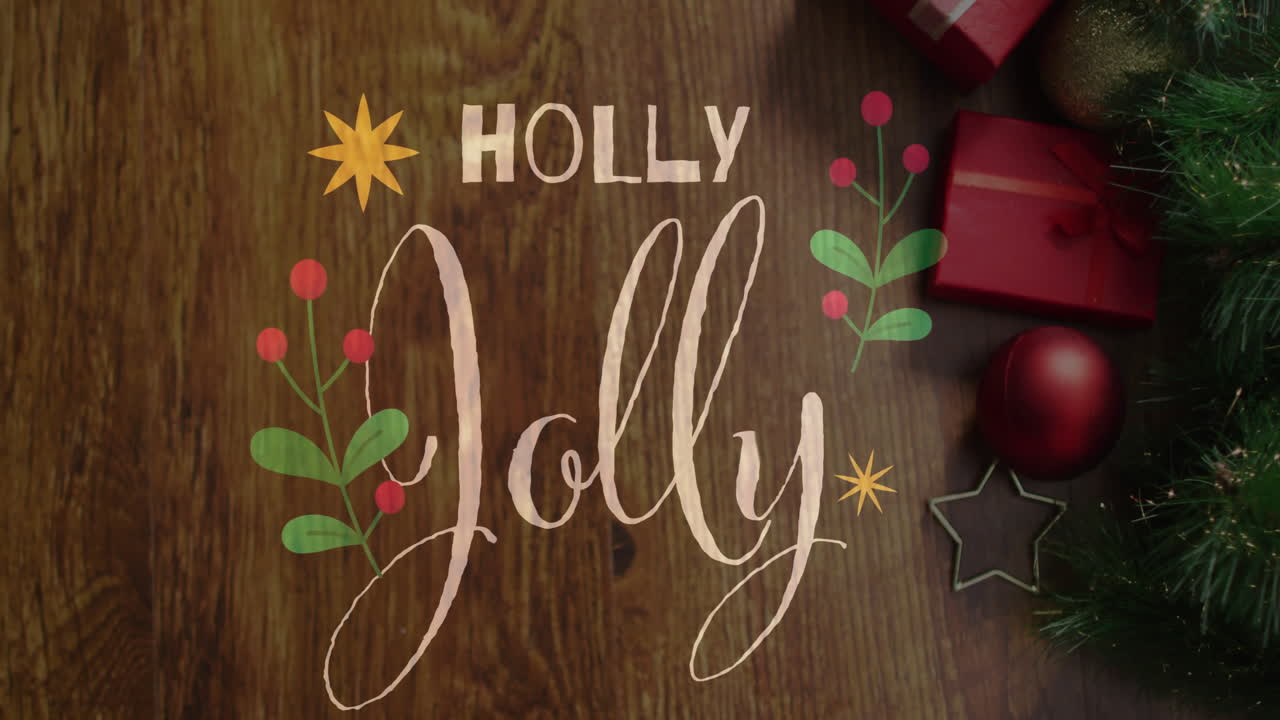 Animation of holly jolly text over christmas presents