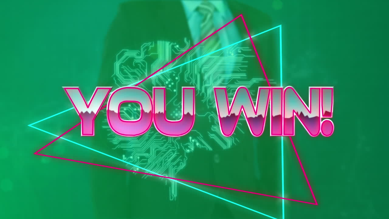 핑크 메탈릭 텍스트의 애니메이션 당신이 승리, 네온 라인, 인터페이스를 사용하는 사업가 이상