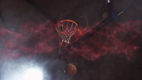 basketball going through hoop with animation of swirling red and white smoke
