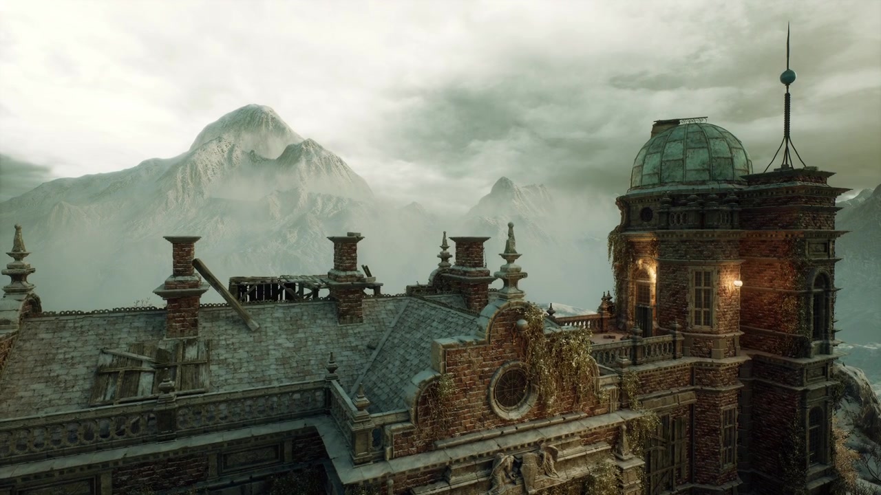 Panoramic mountain vista featuring ornate buildings and misty horizons