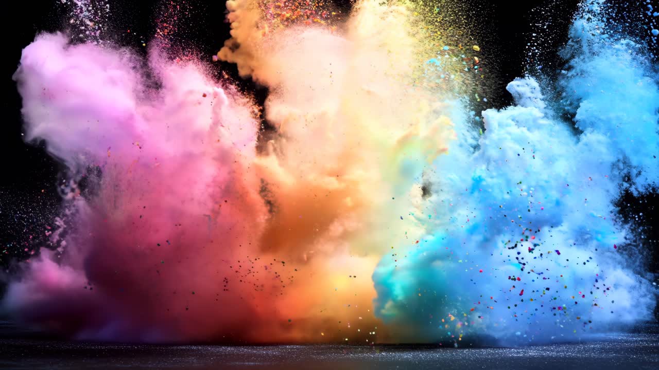 A colorful explosion of powdery dust is shown in the image. The colors are vibrant and the dust is scattered in a rainbow pattern. Scene is energetic and dynamic