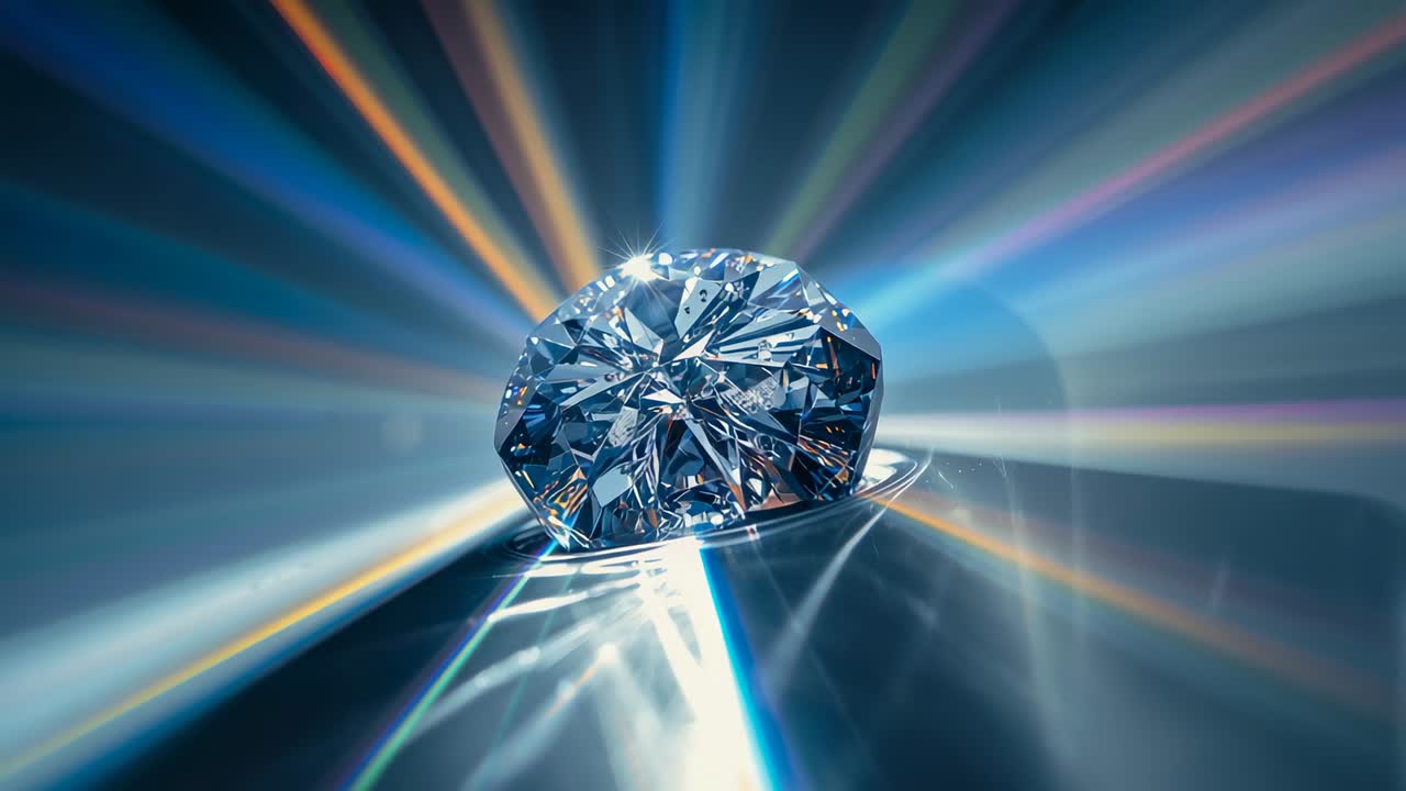 Brilliant-cut diamond reflecting prismatic rays by brightening spotlight on studio surface