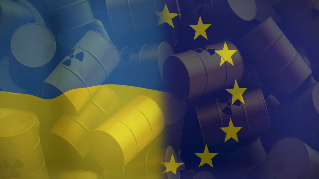 Animazione di bandiere di UE e Ucraina su barili nucleari