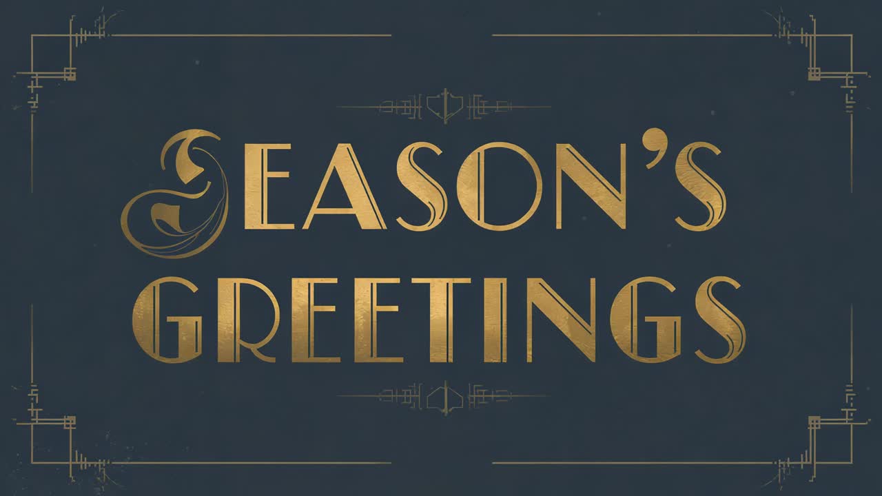 Starting animation zooming gold art-deco SEASON'S GREETINGS expanding on dark slate, focusing text