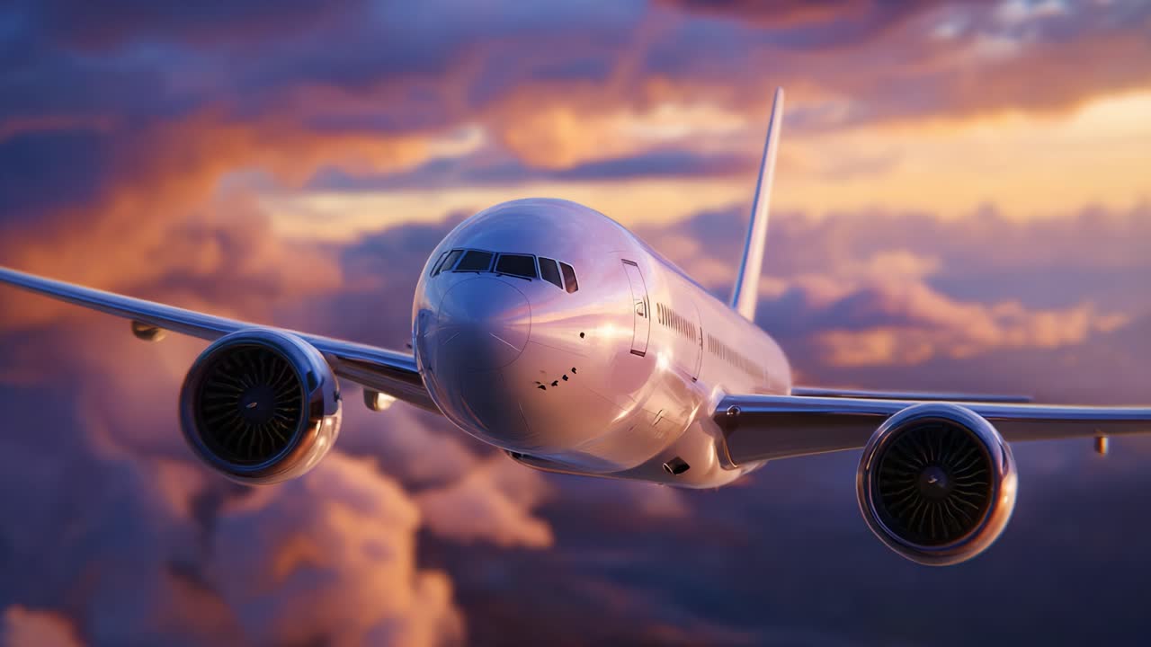 Un fantastico aeroplano che solca un cielo vivido, pieno di nuvole dinamiche, catturando la bellezza del volo in una squisita atmosfera al tramonto