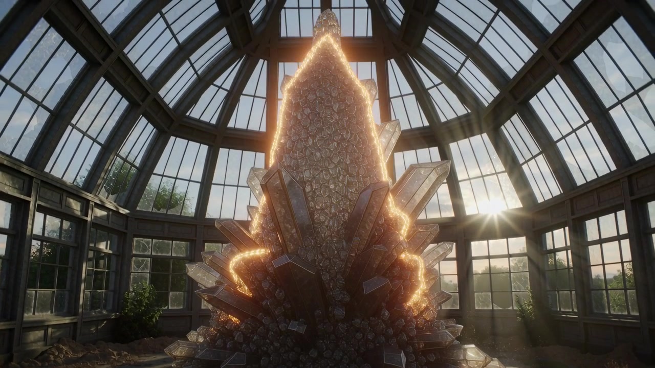 Bathing low sun tracing golden ridges on central crystal in glass dome, illuminating inner facets