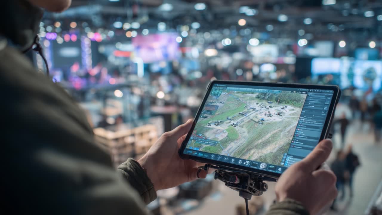 An observer engages with a digital map on a tablet, showcasing intricate details of a simulated environment in a crowded event space filled with technology enthusiasts and interactive displays