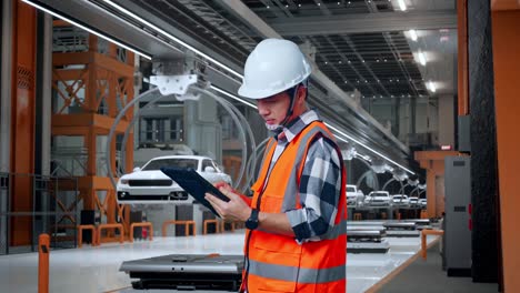 vista lateral de un ingeniero masculino asiático con casco de seguridad trabajando en una tableta mientras está de pie en una fábrica de automóviles ev