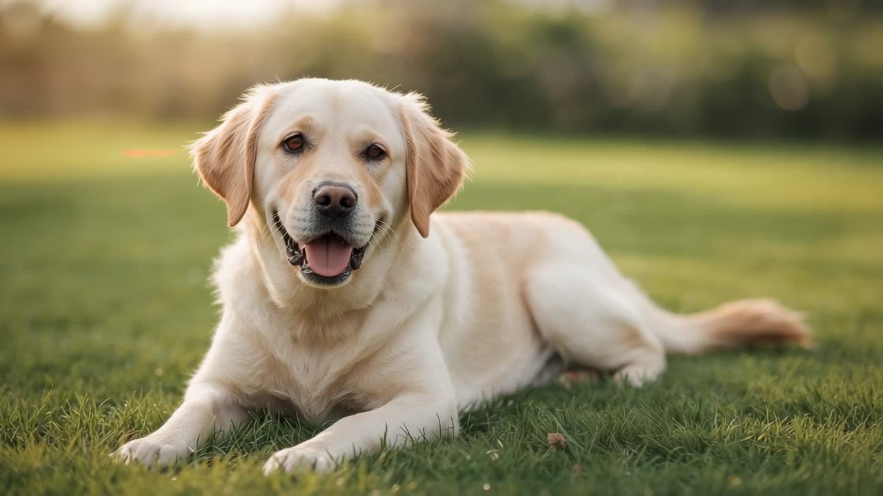 Lying light-coated Labrador focusing on camera and relaxing on backyard lawn, warm sunlight bokeh