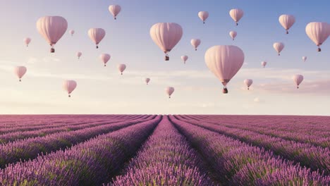 a breathtaking scene of hot air balloons floating gracefully over vibrant lavender fields under a clear sky, capturing the beauty of nature and adventure in perfect harmony