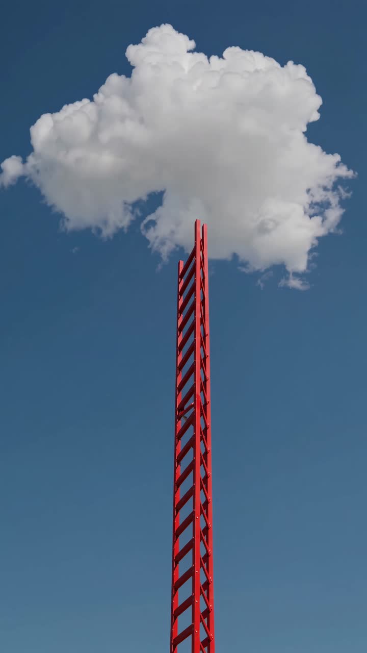 Concetto video surreale: una scala rossa che raggiunge una nuvola. Angolazione dal basso, cielo azzurro limpido. Mobile in diretta