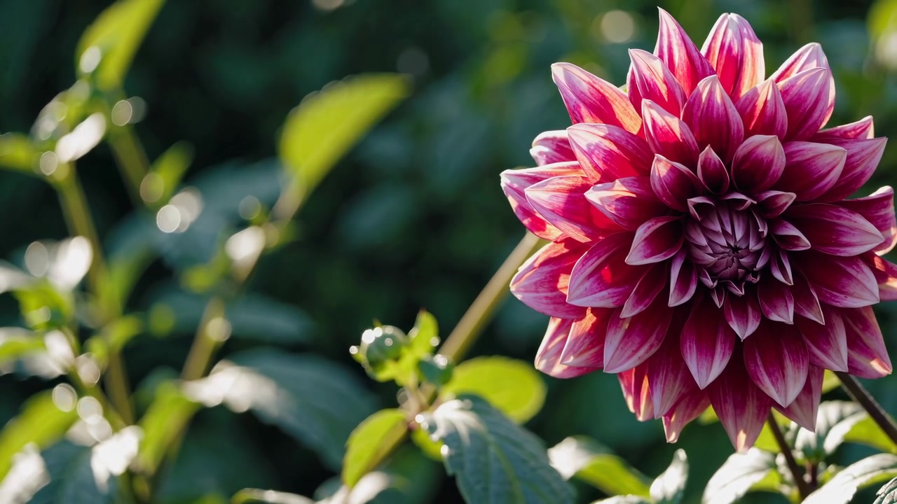 Fiore di dalia rosa e bianco vivace che sboccia in giardino