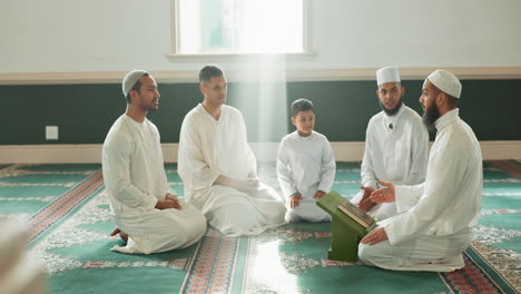 muslim, teaching and people in mosque for praying