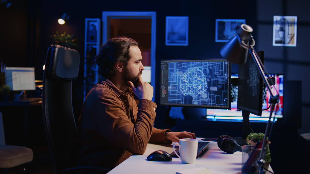 Teleworking IT employee runs AI script on computer from home office