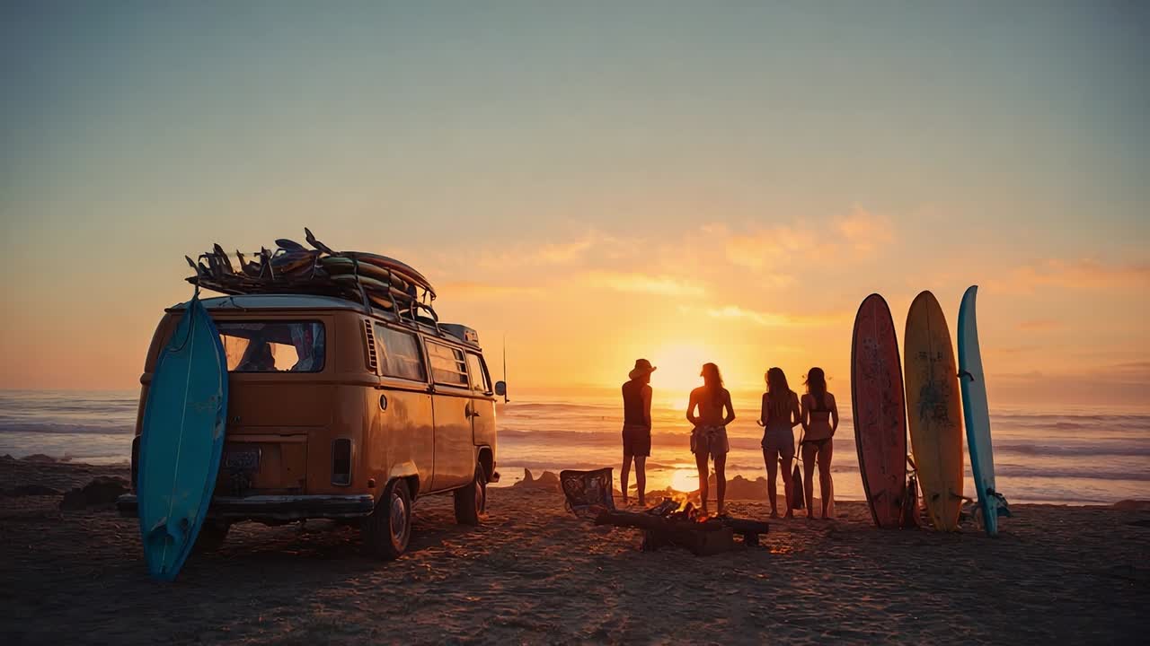 Surfisti che si radunano sulla spiaggia al tramonto vicino a un furgone colorato