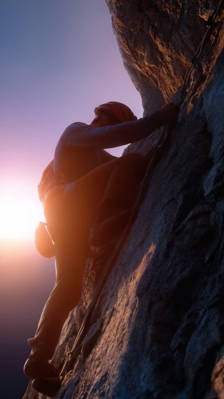 Un coraggioso scalatore di roccia scala una ripida parete al tramonto, catturando l'essenza dell'avventura e della determinazione nel maestoso paesaggio della natura.