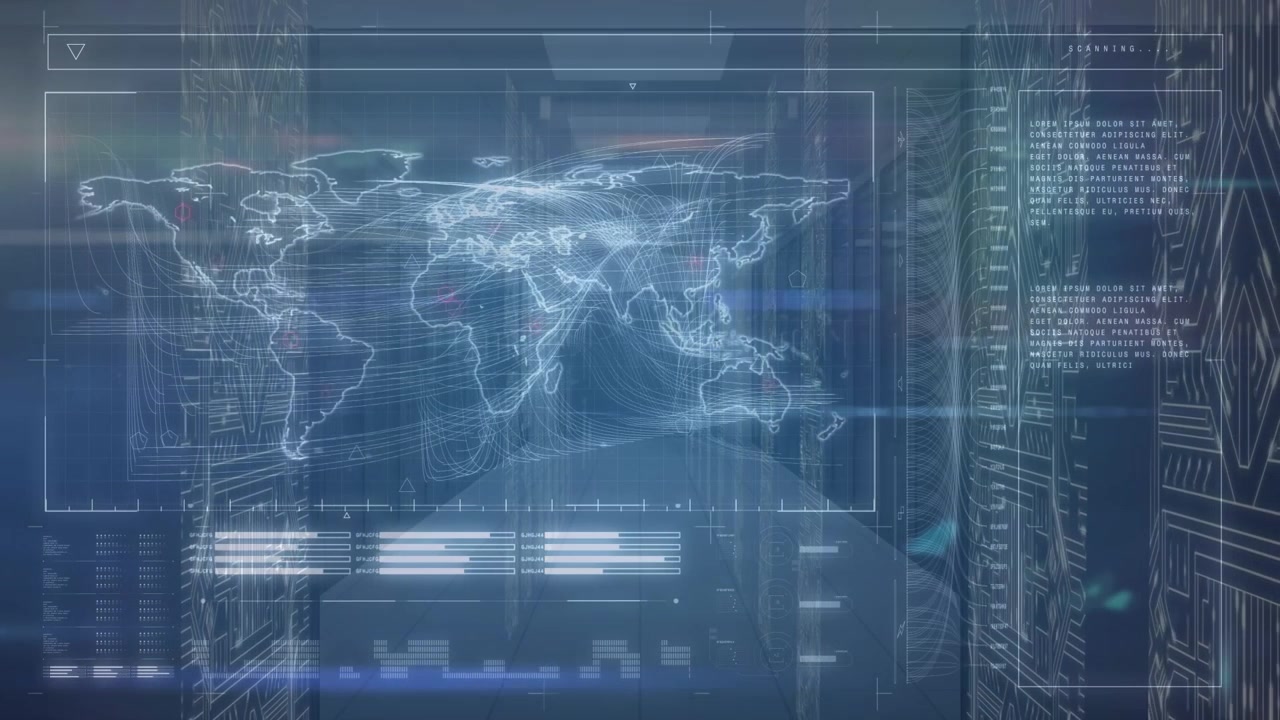 Animation of world map and data processing over server room
