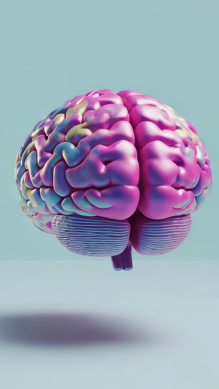 Vertical video: Rotating 3D brain model entering view in studio, showing colorful gyri and sulci