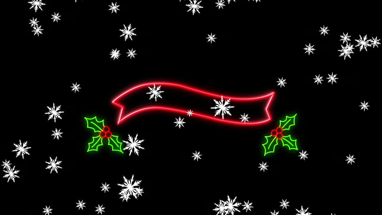 animación de nieve cayendo sobre la decoración de neón de navidad sobre fondo negro