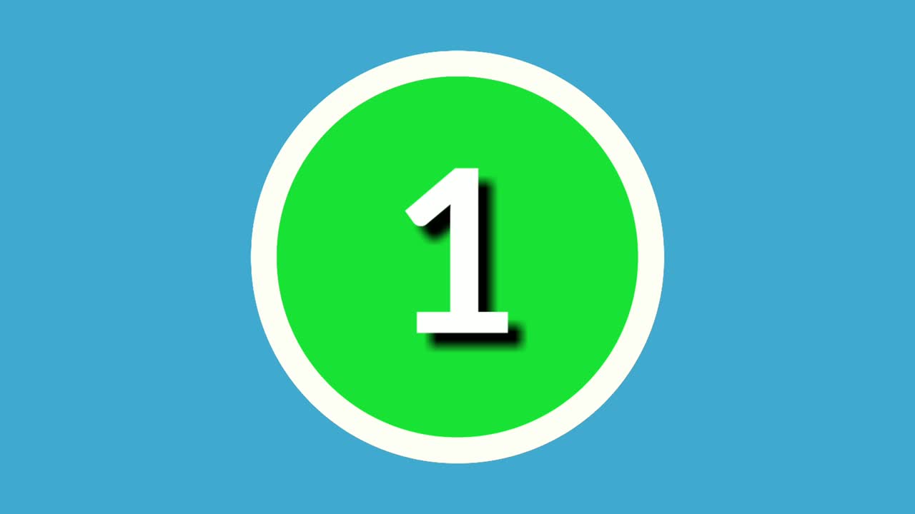 1 símbolo de un signo número de animación gráficos de movimiento en círculo verde fondo azul, número de video de dibujos animados de 4k para elementos de video