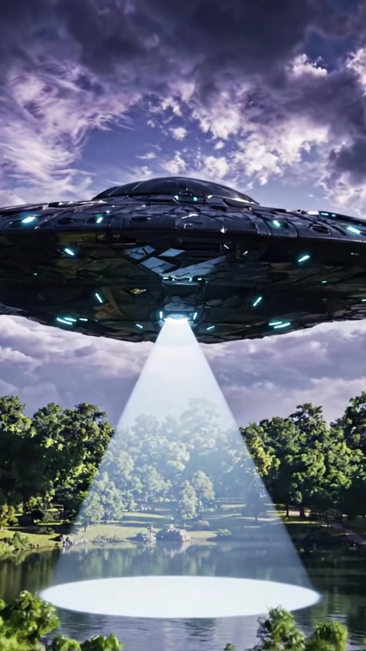 A Mysterious UFO Hovering Over a Lush Green Landscape Under Dramatic Skies, Captivating the Imagination of Those Who Observe Such Enigmatic Phenomena