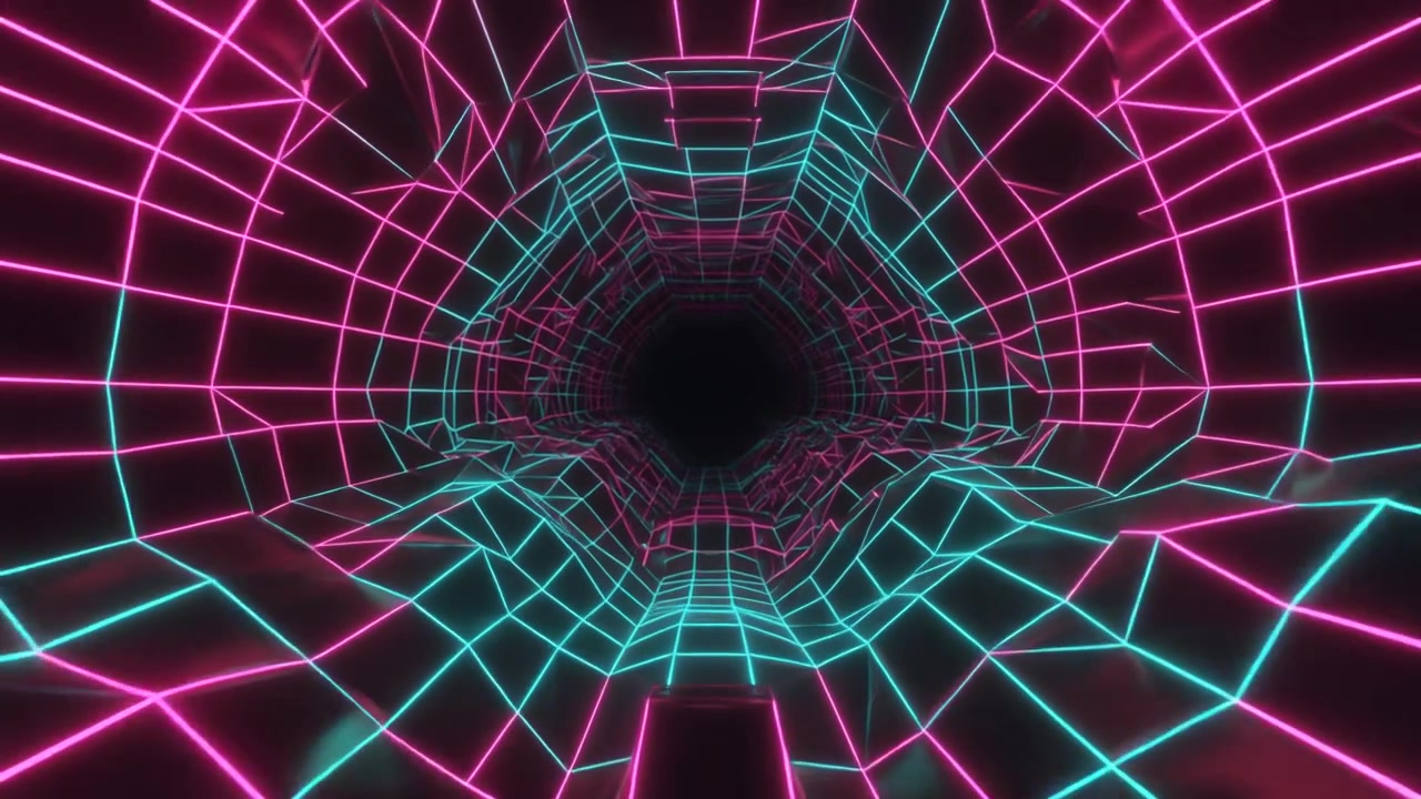 Animazione di tunnel a griglia al neon in stile retro synthwave