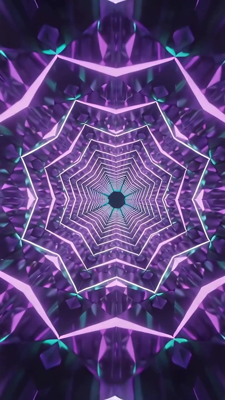 Video verticale: Tunnel geometrico centrale pulsante che si restringe a ciclo continuo, creando una stella neon ipnotica