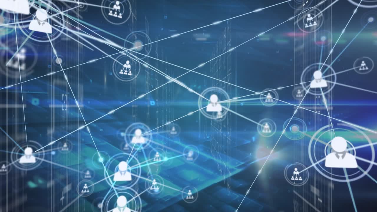 Unique animation of network of connections with people icons on nodes over futuristic interface
