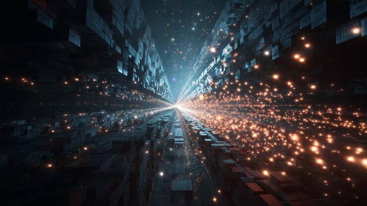 An awe-inspiring view of a futuristic corridor filled with glowing particles and textured surfaces, creating a vivid sense of depth and advanced technology in motion