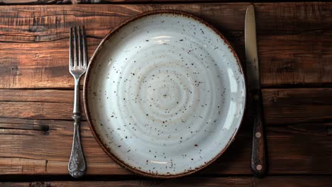 Rustic-Ceramic-Plate-with-Vintage-Cutlery-on-Wooden-Table