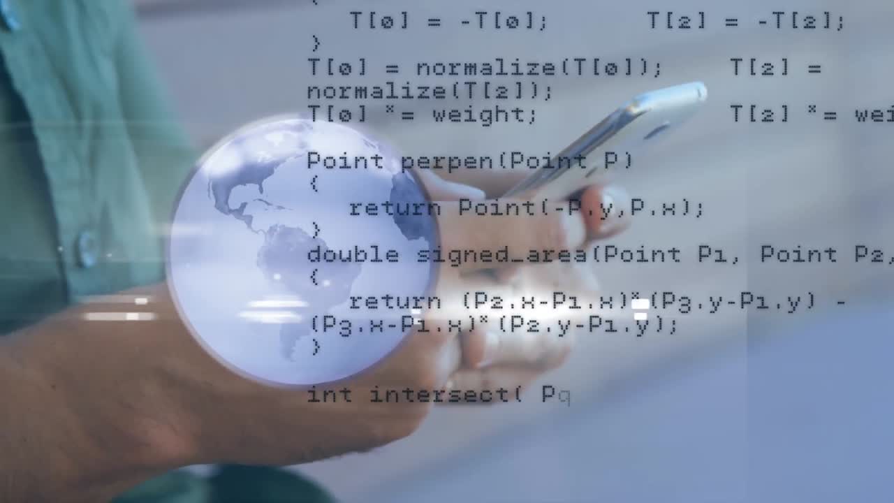 animación del procesamiento de datos y el mundo sobre el hombre de raza mixta usando un teléfono inteligente