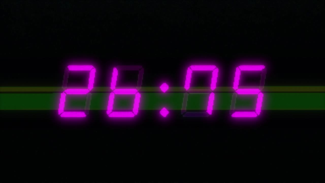 4-digits 30 seconds digital clock countdown timer. Magenta or purple numerals on black. Retro-style digital alarm clock with VHS glitch distortion overlay
