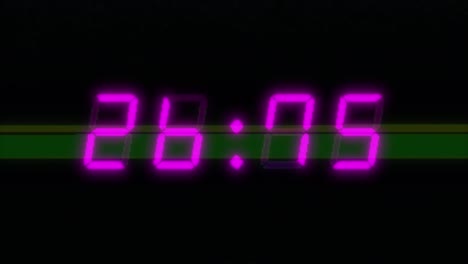 4-digits 30 seconds digital clock countdown timer. magenta or purple numerals on black. retro-style digital alarm clock with vhs glitch distortion overlay