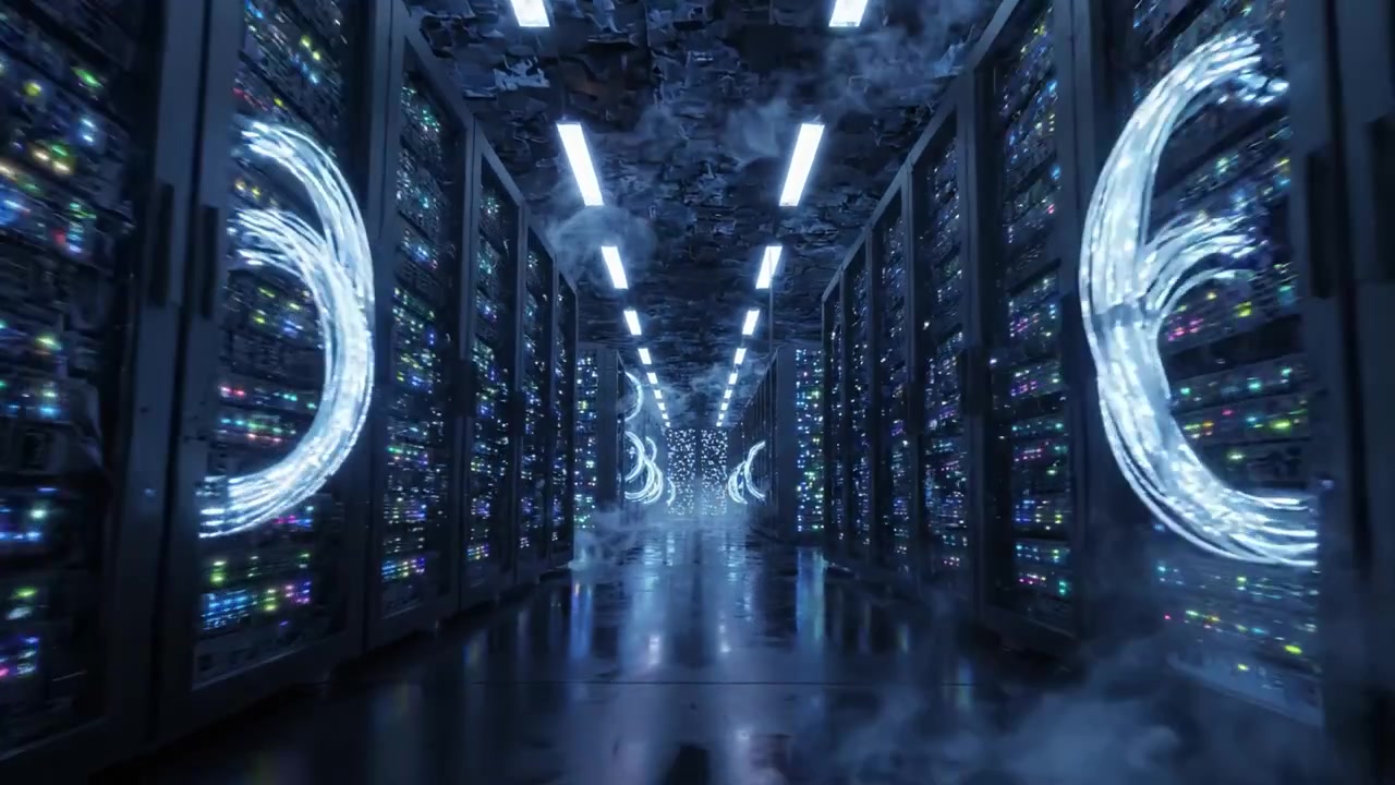 Udforskning af et futuristisk datacenter: En rejse gennem et imponerende netværk af servere med glødende lys og højteknologisk arkitektur.